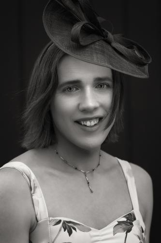 Courtney in her patterned dress (Black & White)