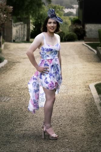 Courtney in her patterned dress