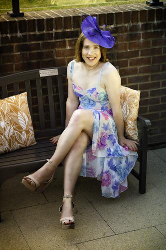 Courtney in her patterned dress