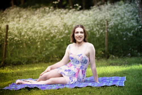 Courtney in her patterned dress