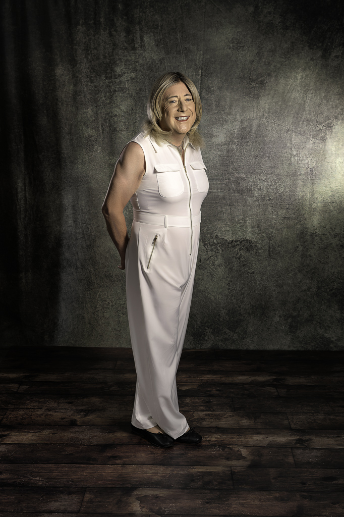 Nicola in white jumpsuit
