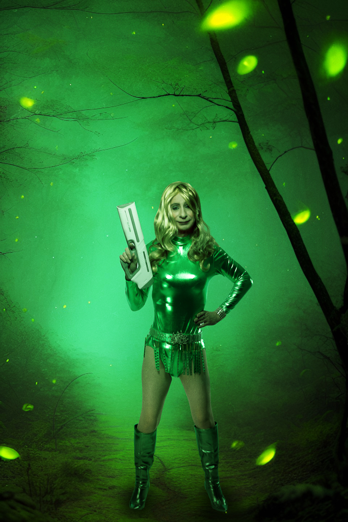 Composite image in a green theme of Rachel Anya as Barbarella on the surface of a planet