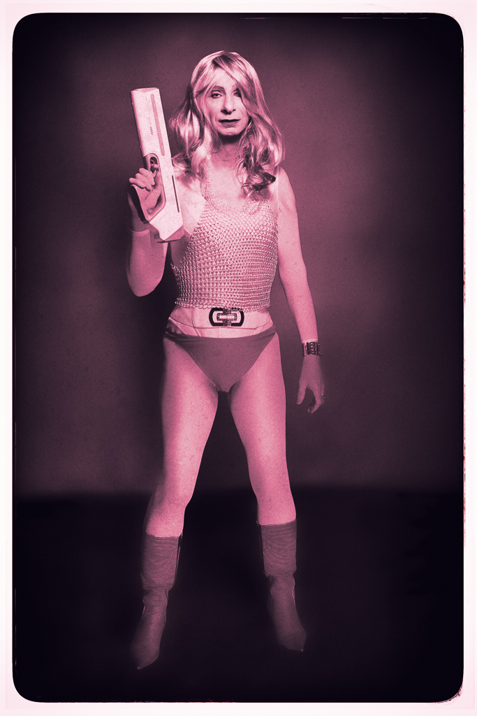 Colour photo of Rachel Anya as Barbarella in a retro 1960s style