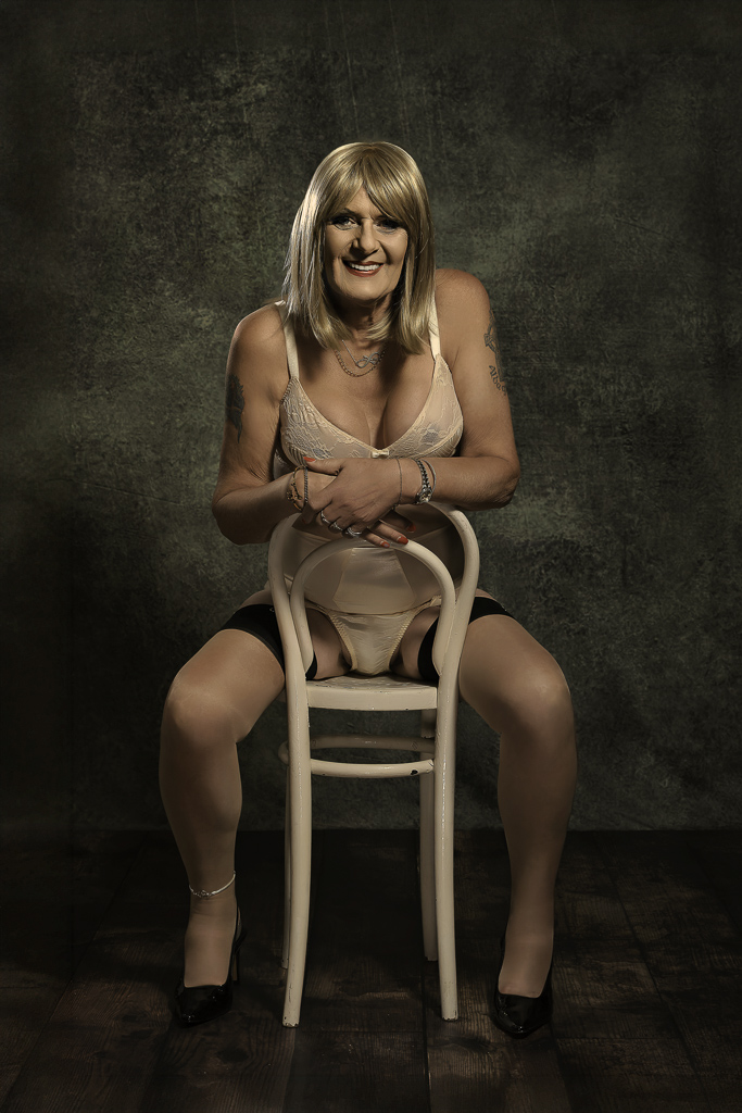 Sandra retro lingerie seated 
